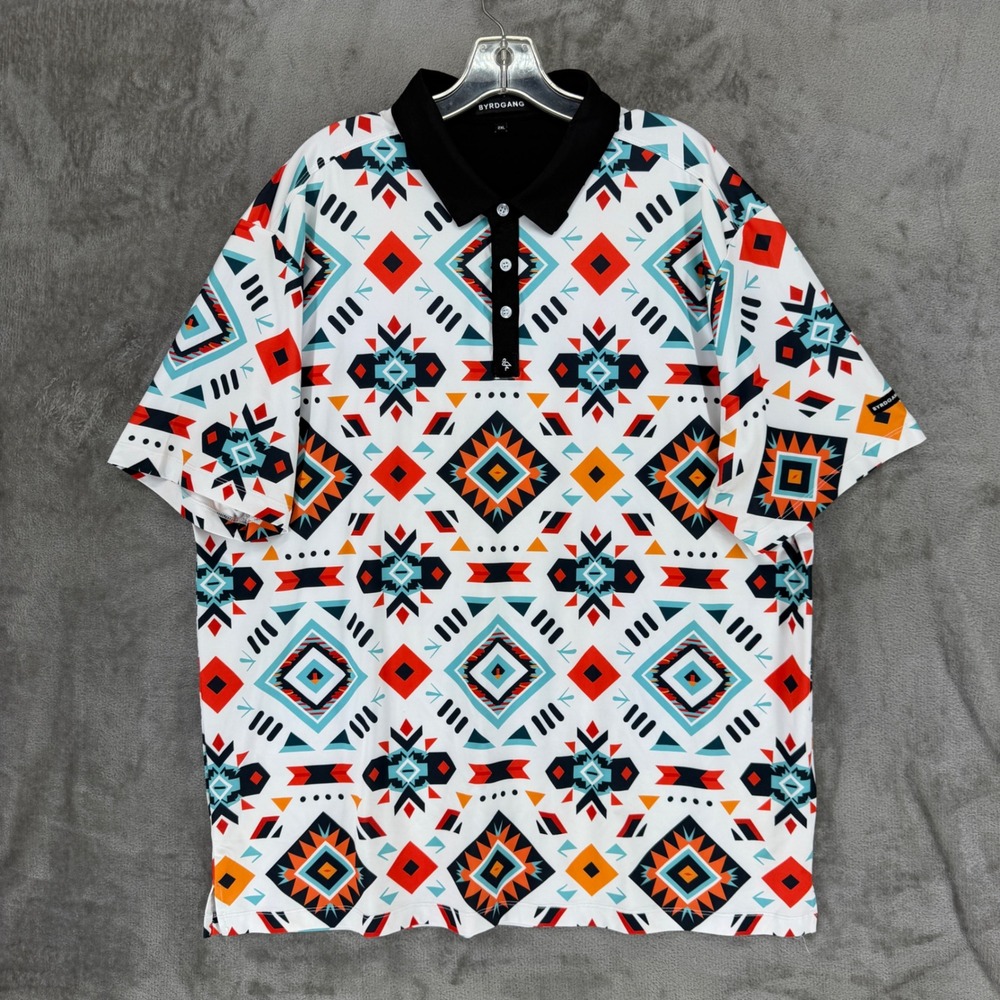 Byrdgang Mens 2XL Performance Polo Shirt Southwestern Geometric Print Multicolor